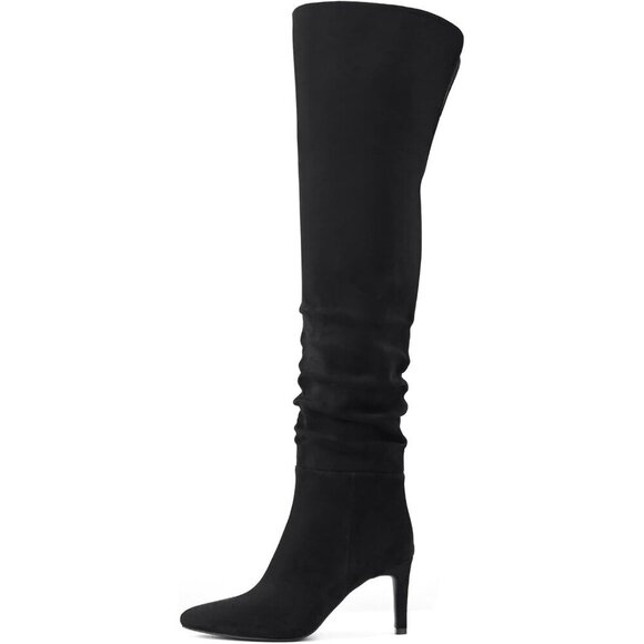 Women Suede Black Thigh High Over The Knee Stiletto Heel Pointed Toe Long Boot - Picture 2 of 7